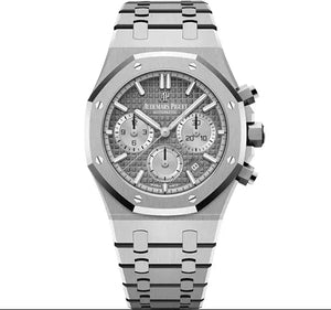 Audemars Piguet Royal Oak men's chronograph watch, grey dial, silver stainless steel bracelet – front view