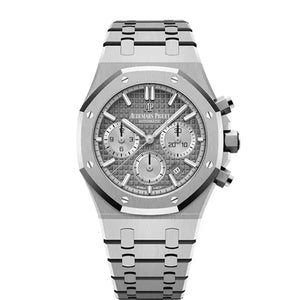 Audemars Piguet Royal Oak men's chronograph watch, grey dial, silver stainless steel bracelet – full front view