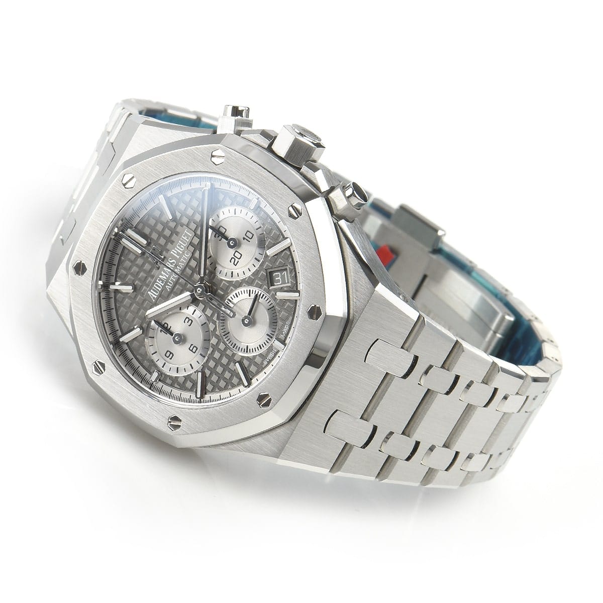 Audemars Piguet Royal Oak men's chronograph watch, grey dial, silver stainless steel bracelet – side angle view