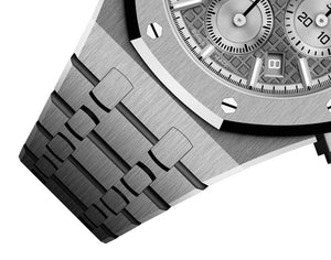 Audemars Piguet Royal Oak men's chronograph watch, grey dial, silver stainless steel bracelet – side close-up