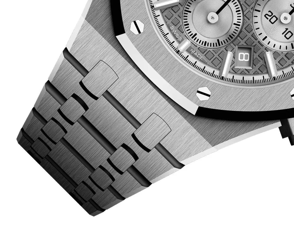 Audemars Piguet Royal Oak men's chronograph watch, grey dial, silver stainless steel bracelet – side close-up