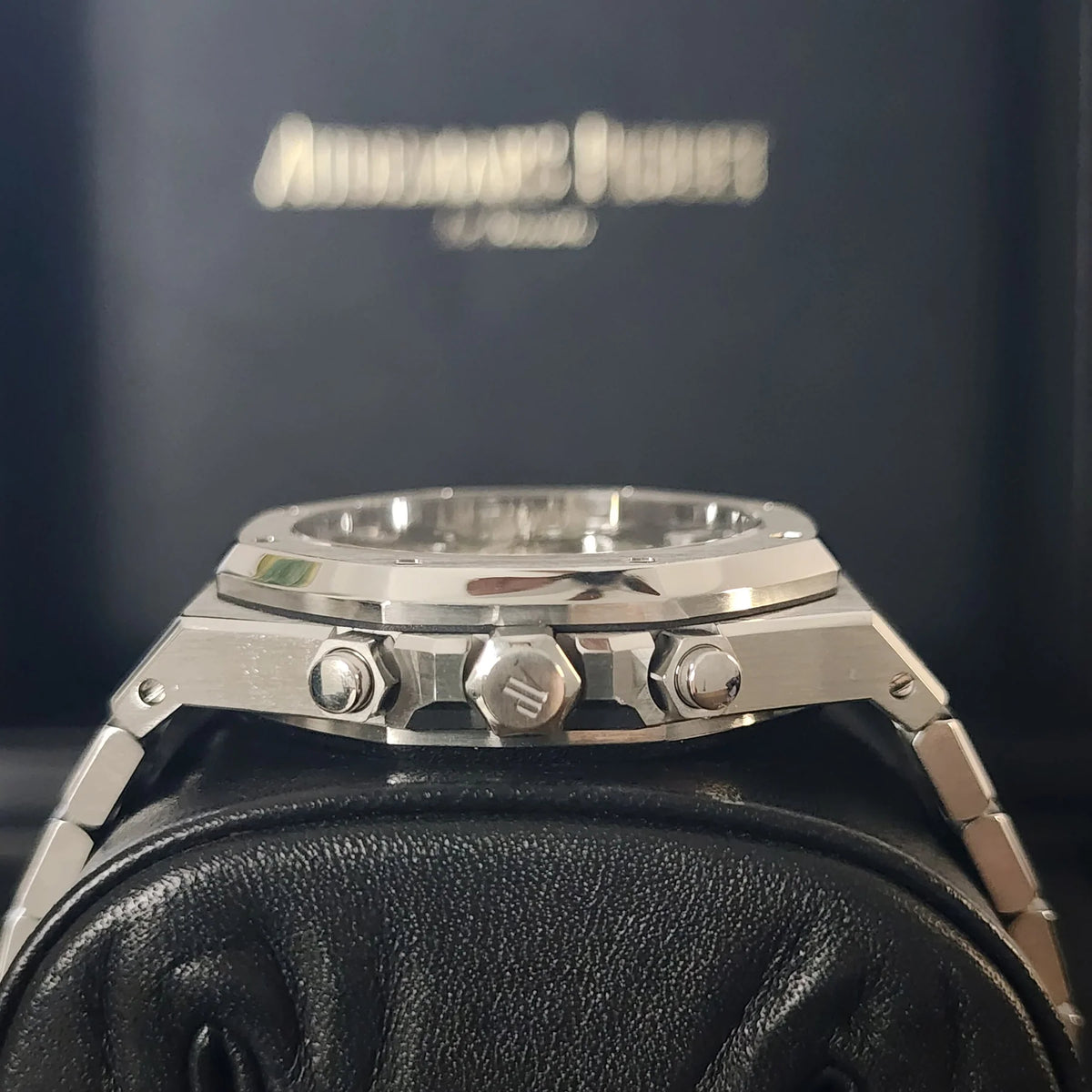 Audemars Piguet Royal Oak men's chronograph watch, grey dial, silver stainless steel bracelet – side profile view