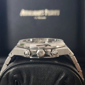 Audemars Piguet Royal Oak men's chronograph watch, grey dial, silver stainless steel bracelet – side profile view