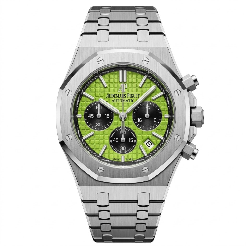 Audemars Piguet Royal Oak Men's Chronograph Watch – Lime Green Dial & Silver Stainless Steel Strap | ساعة أوديمار بيجيه رويال أوك رجالي مينا أخضر ليموني