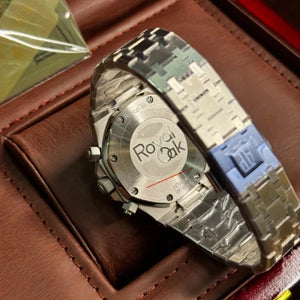 Audemars Piguet Royal Oak men's chronograph watch, lime green dial, silver stainless steel bracelet – caseback box view