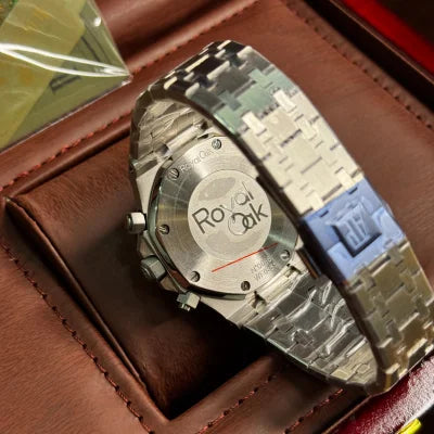 Audemars Piguet Royal Oak men's chronograph watch, lime green dial, silver stainless steel bracelet – caseback box view