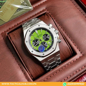 Audemars Piguet Royal Oak men's chronograph watch, lime green dial, silver stainless steel bracelet – presentation box view