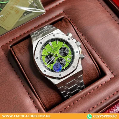 Audemars Piguet Royal Oak men's chronograph watch, lime green dial, silver stainless steel bracelet – presentation box view
