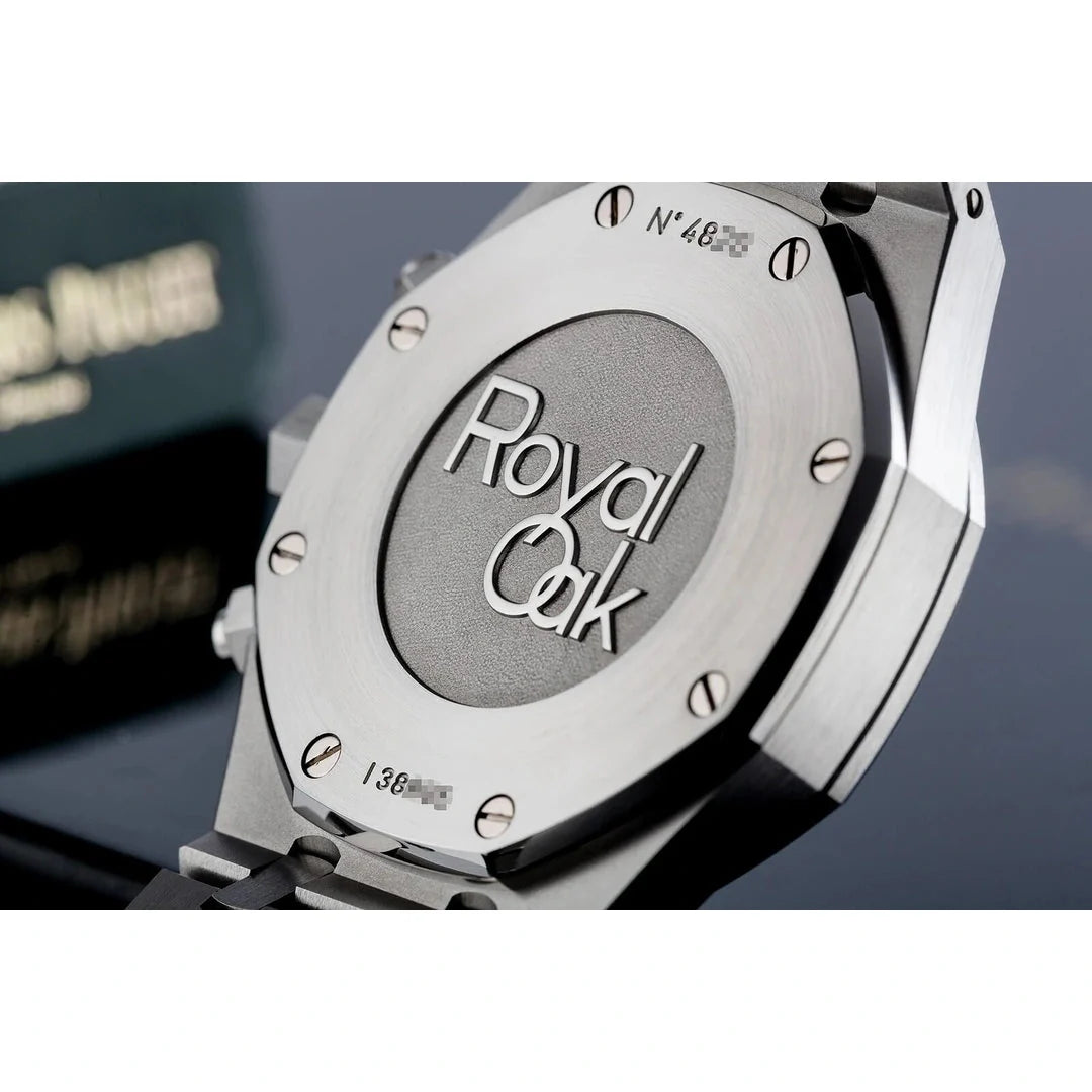 Audemars Piguet Royal Oak men's chronograph watch, orange dial, silver stainless steel bracelet – caseback close-up