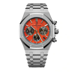 Audemars Piguet Royal Oak men's chronograph watch, orange dial, silver stainless steel bracelet – front view