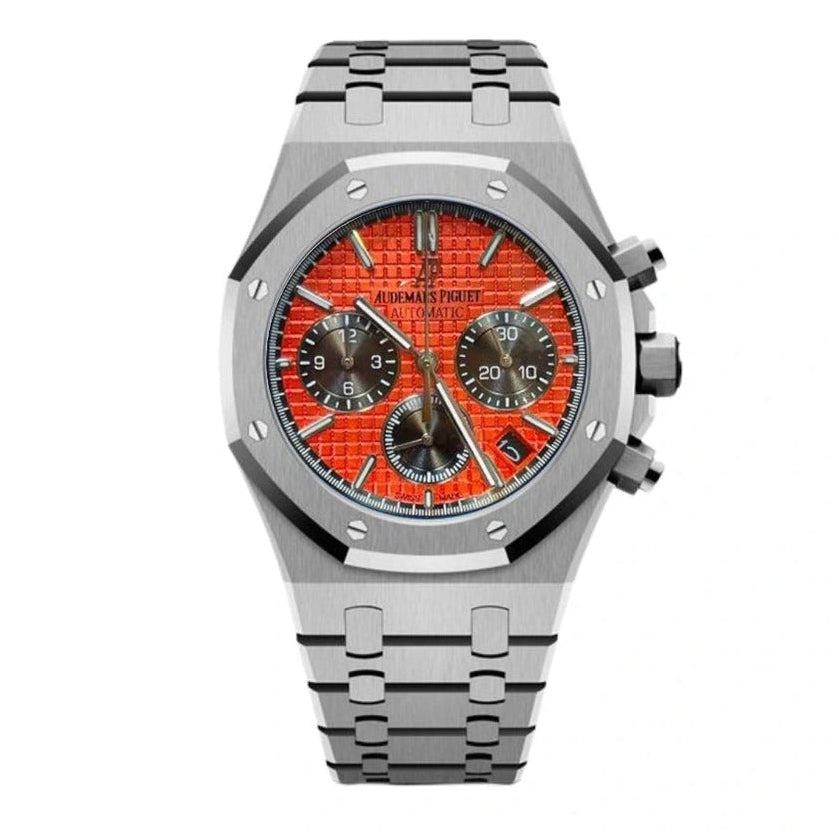 Audemars Piguet Royal Oak men's chronograph watch, orange dial, silver stainless steel bracelet – front view
