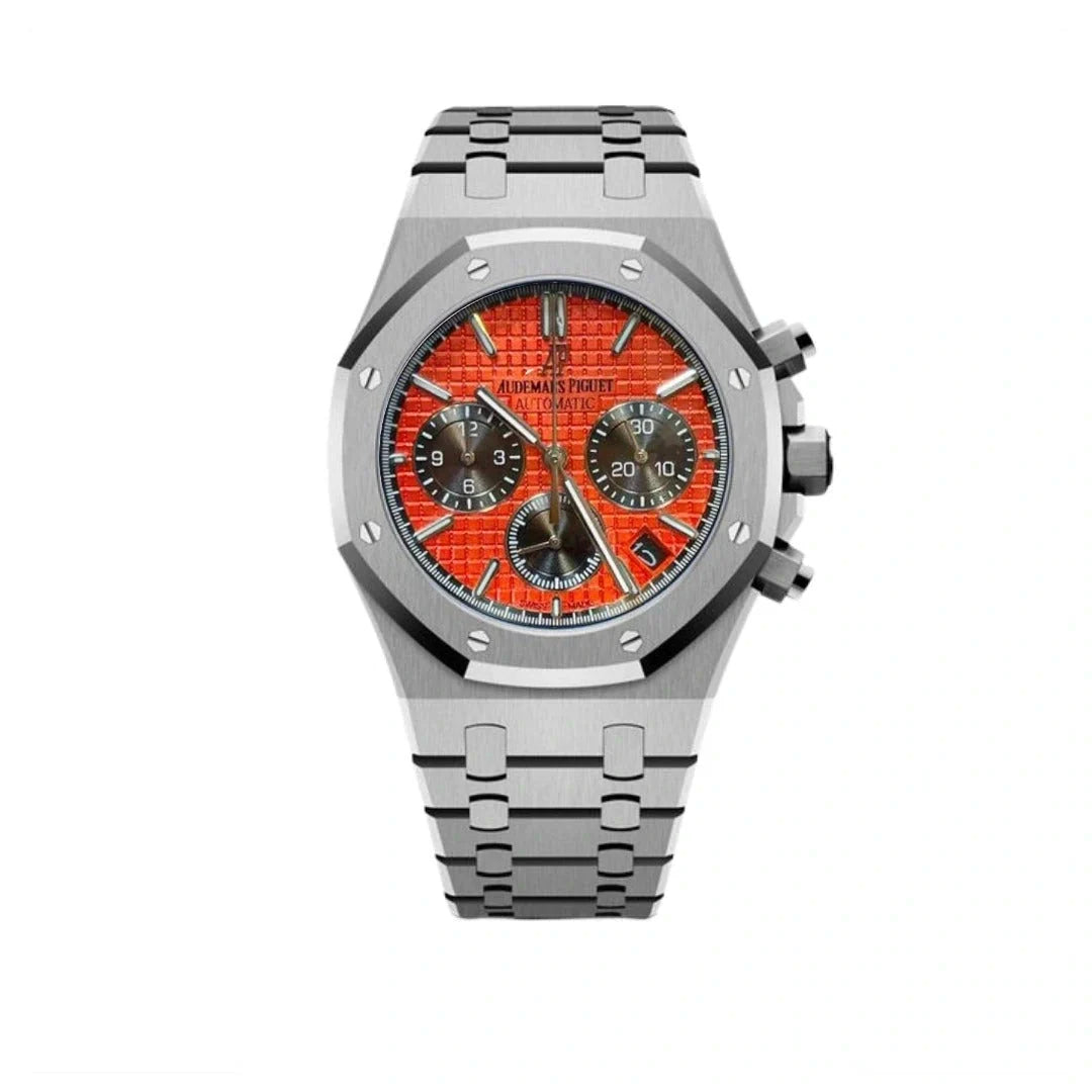 Audemars Piguet Royal Oak men's chronograph watch, orange dial, silver stainless steel bracelet – full front view