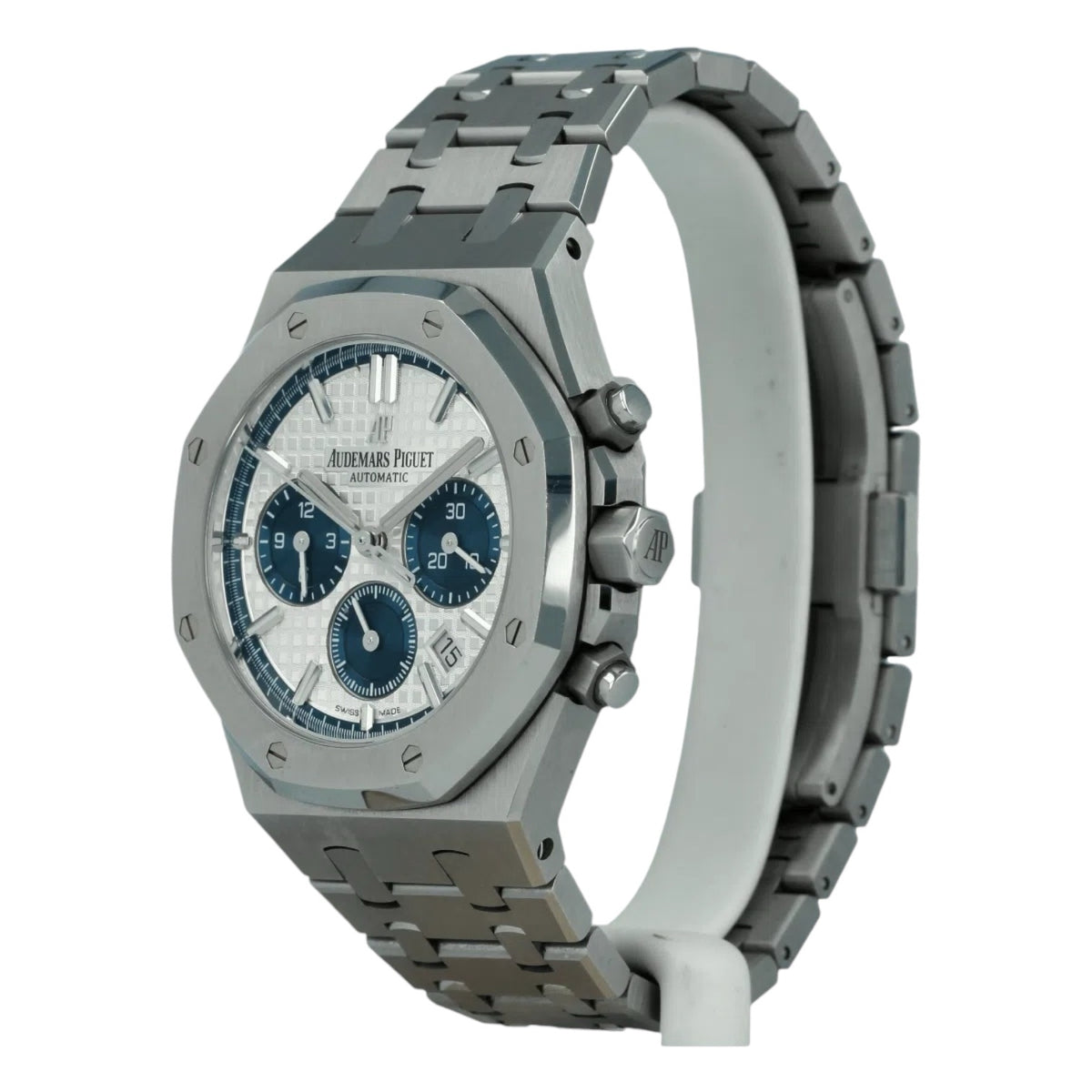 Audemars Piguet Royal Oak men's chronograph watch, white dial, silver stainless steel bracelet – angle view