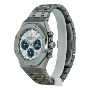 Audemars Piguet Royal Oak men's chronograph watch, white dial, silver stainless steel bracelet – angle view