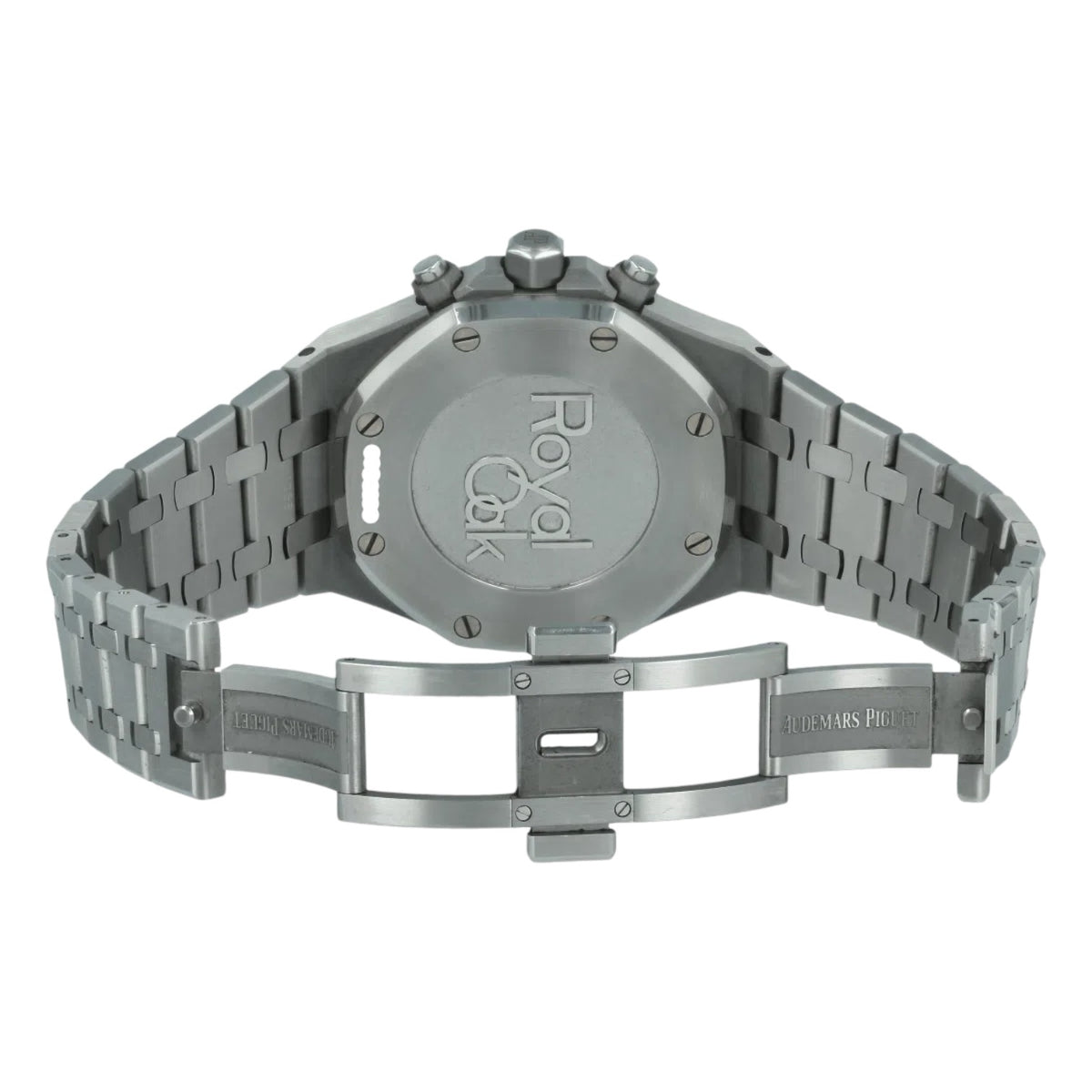 Audemars Piguet Royal Oak men's chronograph watch, white dial, silver stainless steel bracelet – bracelet clasp view