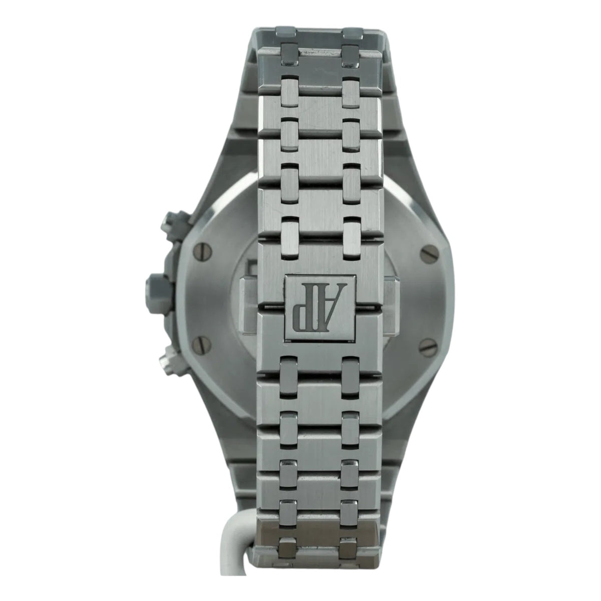Audemars Piguet Royal Oak men's chronograph watch, white dial, silver stainless steel bracelet – caseback view