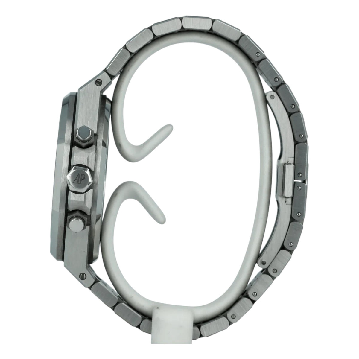 Audemars Piguet Royal Oak men's chronograph watch, white dial, silver stainless steel bracelet – crown side profile view