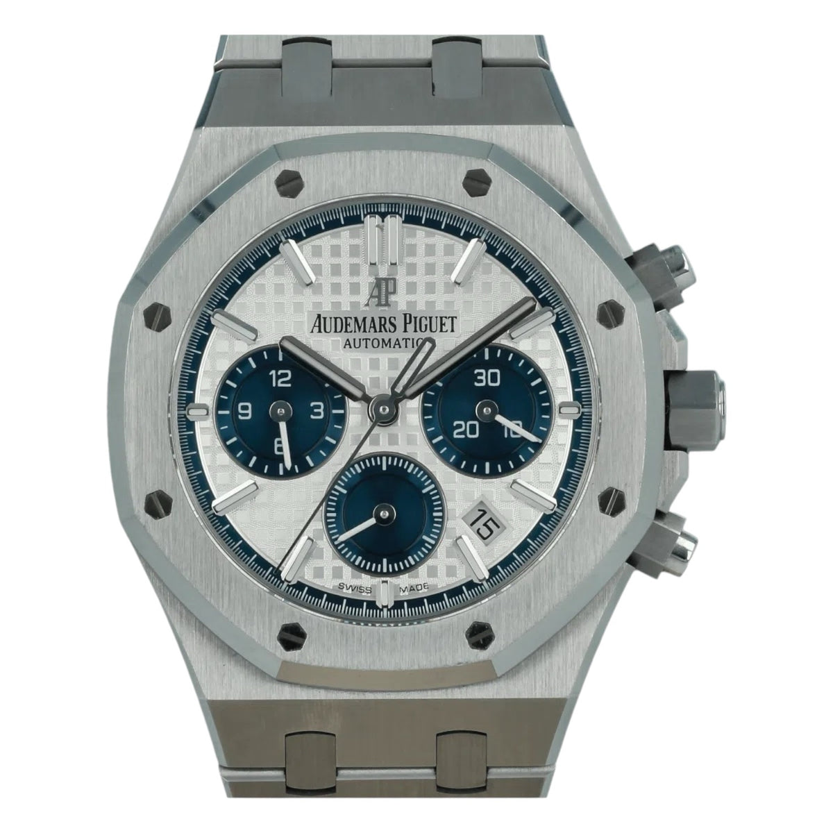 Audemars Piguet Royal Oak men's chronograph watch, white dial, silver stainless steel bracelet – front close-up