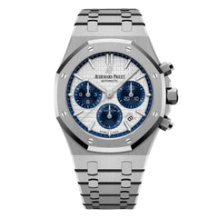 Audemars Piguet Royal Oak men's chronograph watch, white dial, silver stainless steel bracelet – front view