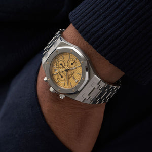 Audemars Piguet Royal Oak men's chronograph watch, yellow dial, silver stainless steel bracelet – on-wrist view
