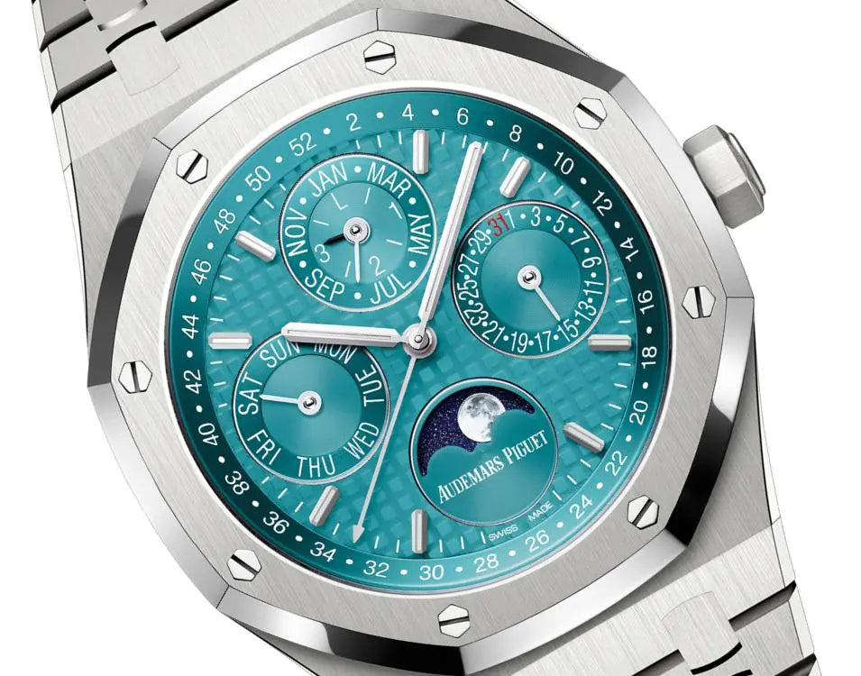 Audemars Piguet Royal Oak men's perpetual calendar watch, turquoise dial, silver stainless steel bracelet – angle close-up