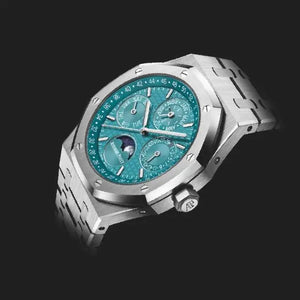Audemars Piguet Royal Oak men's perpetual calendar watch, turquoise dial, silver stainless steel bracelet – angle view on dark background