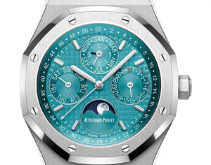 Audemars Piguet Royal Oak men's perpetual calendar watch, turquoise dial, silver stainless steel bracelet – dial close-up