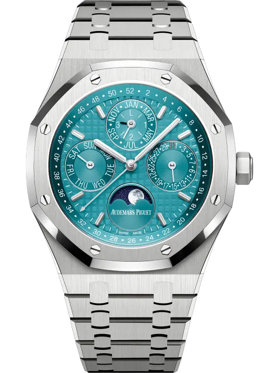 Audemars Piguet Royal Oak men's perpetual calendar watch, turquoise dial, silver stainless steel bracelet – front view