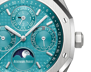 Audemars Piguet Royal Oak men's perpetual calendar watch, turquoise dial, silver stainless steel bracelet – side angle close-up
