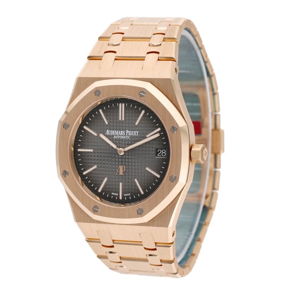 Audemars Piguet Royal Oak men's watch, grey gradient dial, rose gold bracelet – angle view