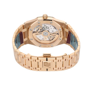 Audemars Piguet Royal Oak men's watch, grey gradient dial, rose gold bracelet – caseback view