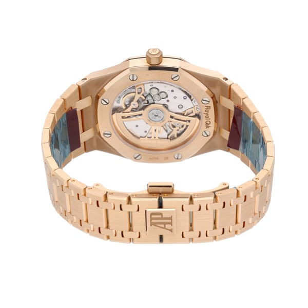 Audemars Piguet Royal Oak men's watch, grey gradient dial, rose gold bracelet – caseback view