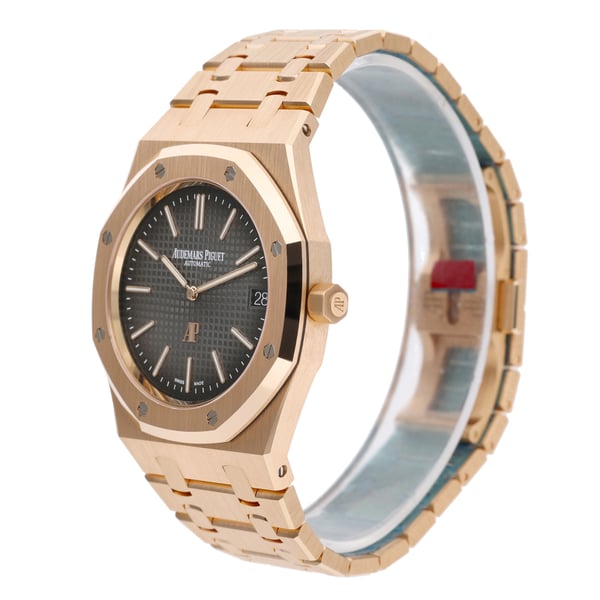 Audemars Piguet Royal Oak men's watch, grey gradient dial, rose gold bracelet – side angle view