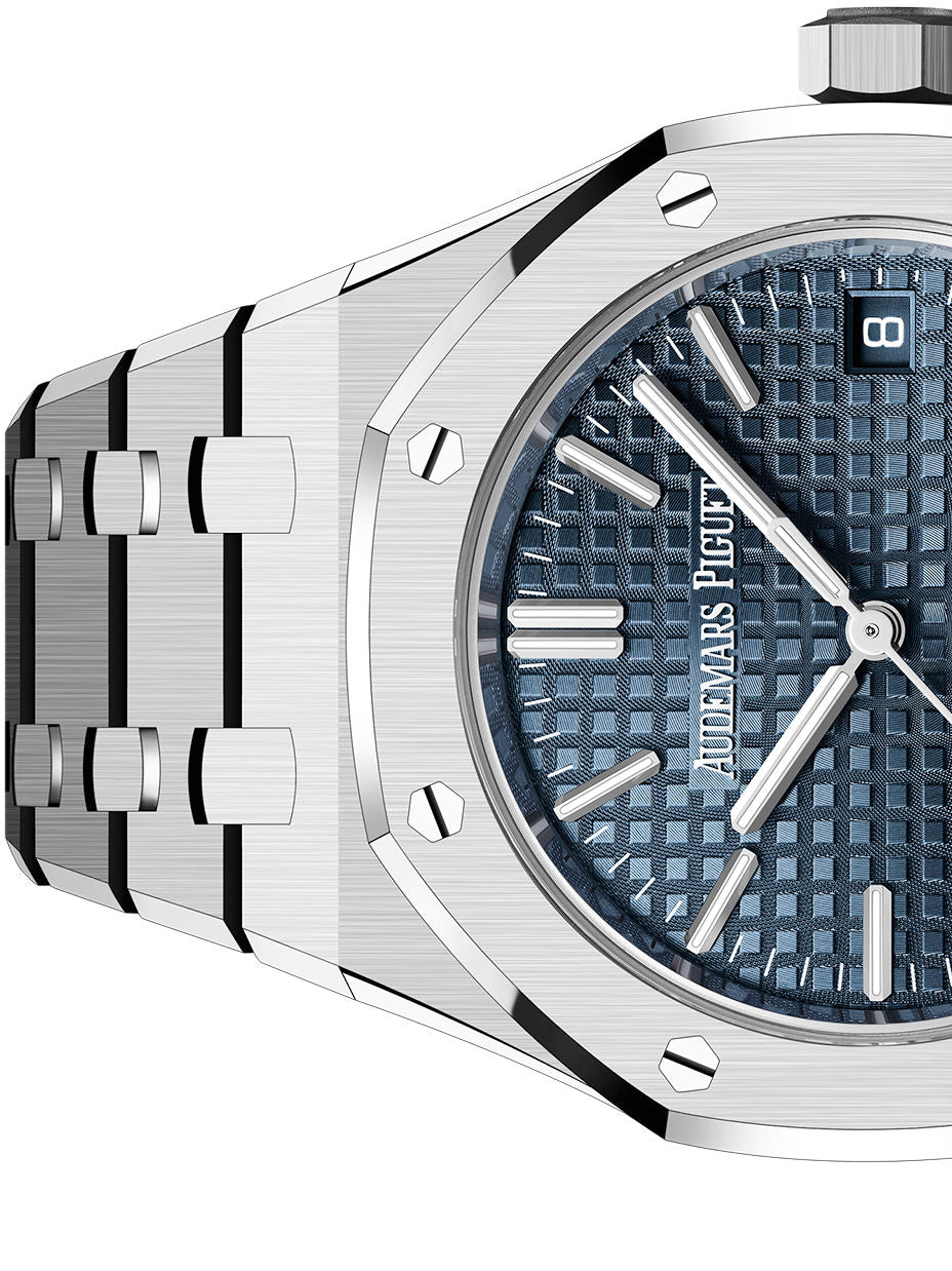 Audemars Piguet Royal Oak women's automatic watch, blue dial, silver stainless steel bracelet – side close-up