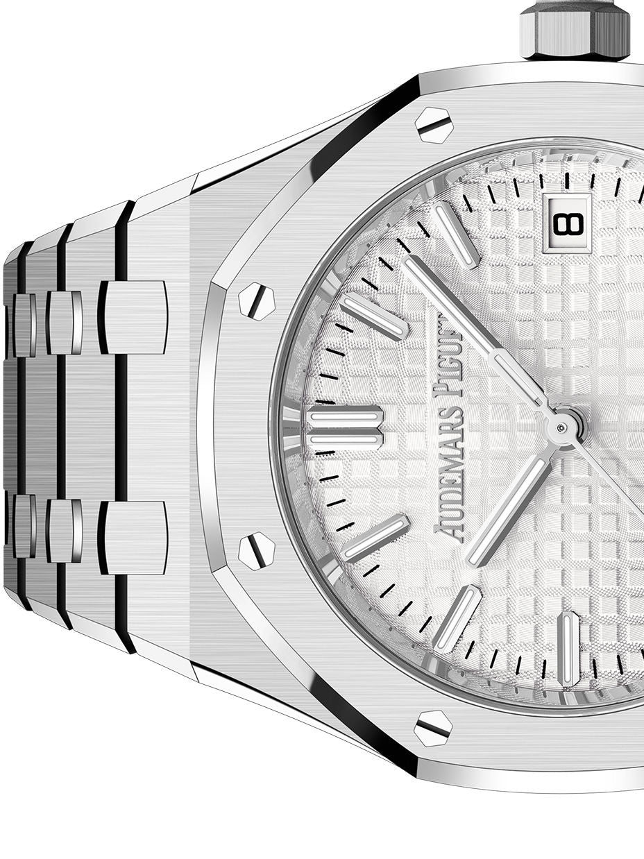 Audemars Piguet Royal Oak women's automatic watch, silver dial, silver stainless steel bracelet – side close-up
