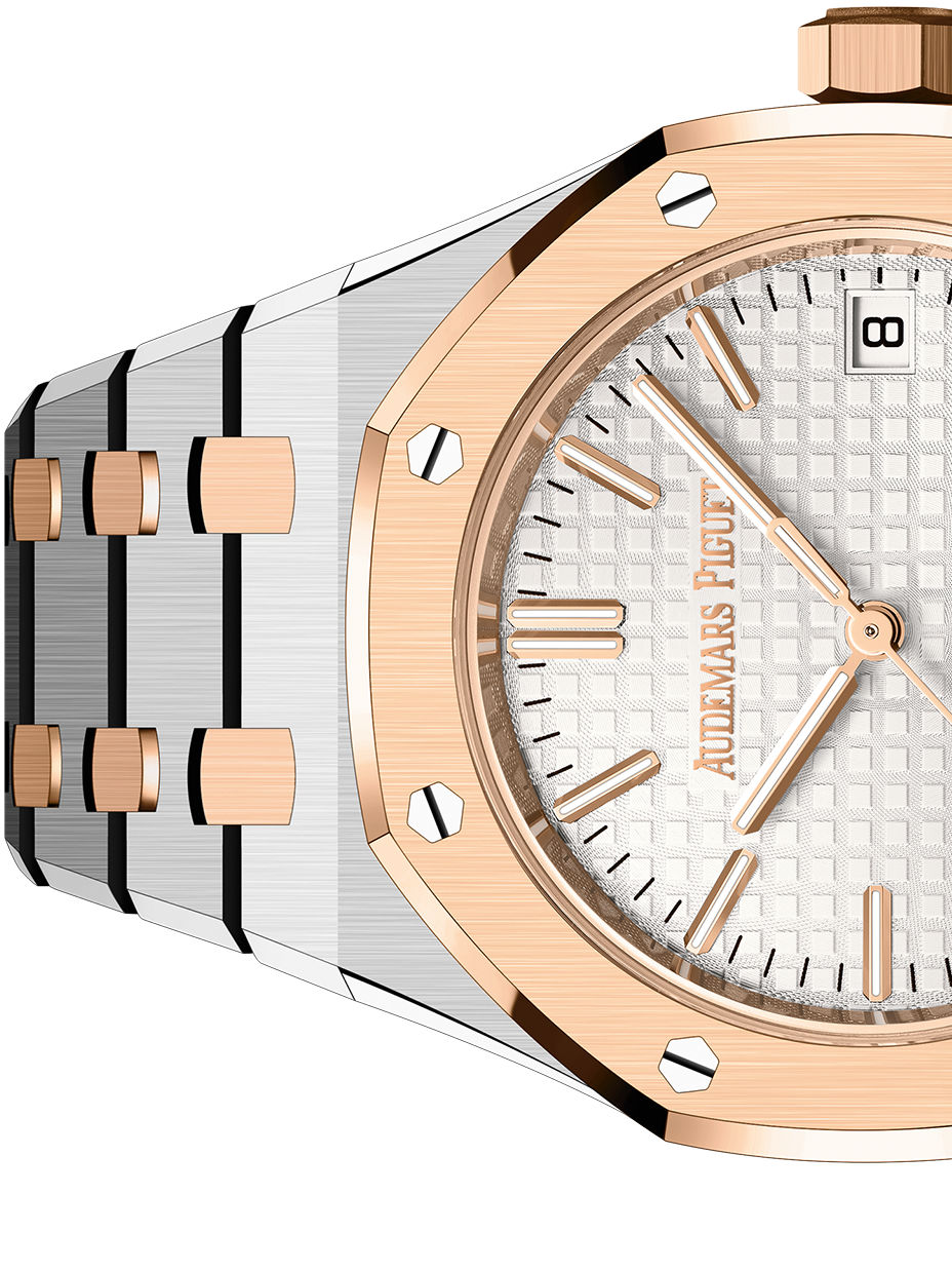 Audemars Piguet Royal Oak women's automatic watch, silver dial, two-tone stainless steel bracelet – side close-up