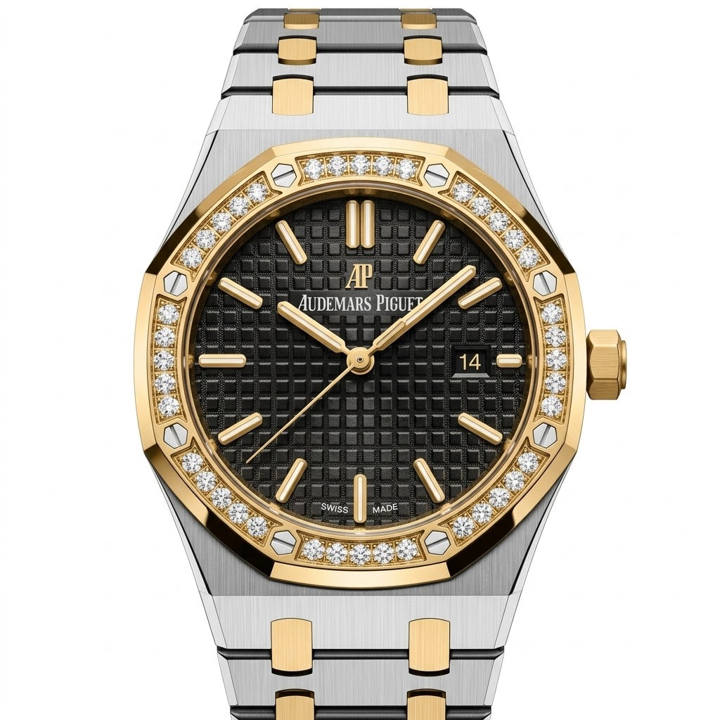 Audemars Piguet Royal Oak women's quartz watch, 33mm case, black dial, diamond bezel, two-tone gold steel strap – view 2