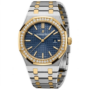 Audemars Piguet Royal Oak women's quartz watch, 33mm case, blue dial, diamond bezel, two-tone gold steel strap – view 2