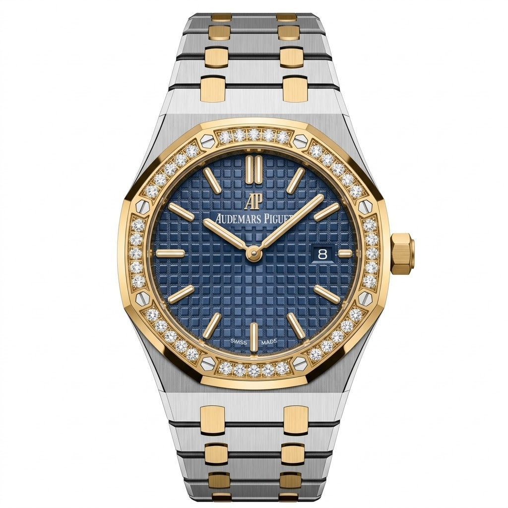 Audemars Piguet Royal Oak women's quartz watch, 33mm case, blue dial, diamond bezel, two-tone gold steel strap – view 4