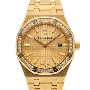 Audemars Piguet Royal Oak 33mm Women's Quartz Watch – Gold Dial, Diamond Bezel & Yellow Gold Strap