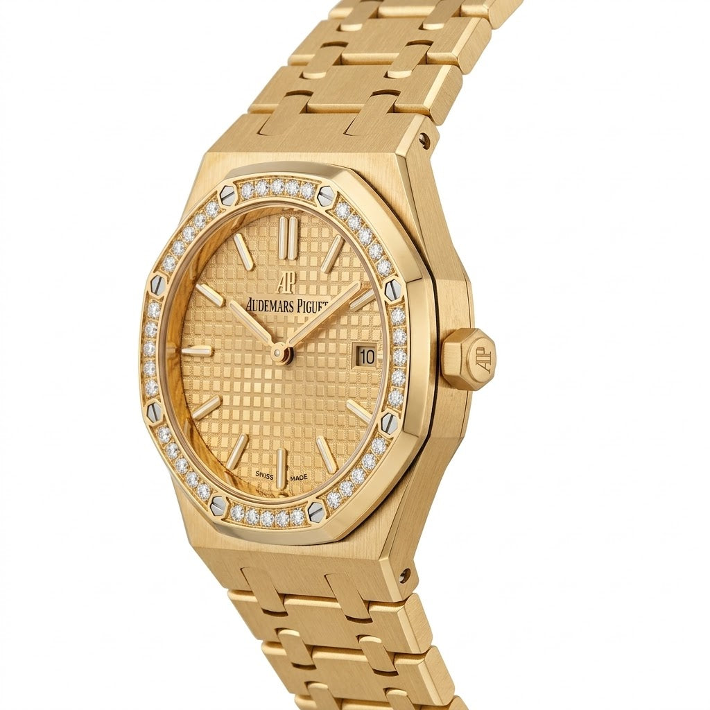 Audemars Piguet Royal Oak women's quartz watch, 33mm case, gold dial, diamond bezel, yellow gold strap – view 3