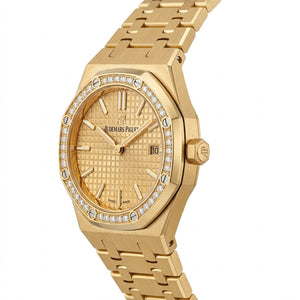 Audemars Piguet Royal Oak women's quartz watch, 33mm case, gold dial, diamond bezel, yellow gold strap – view 3