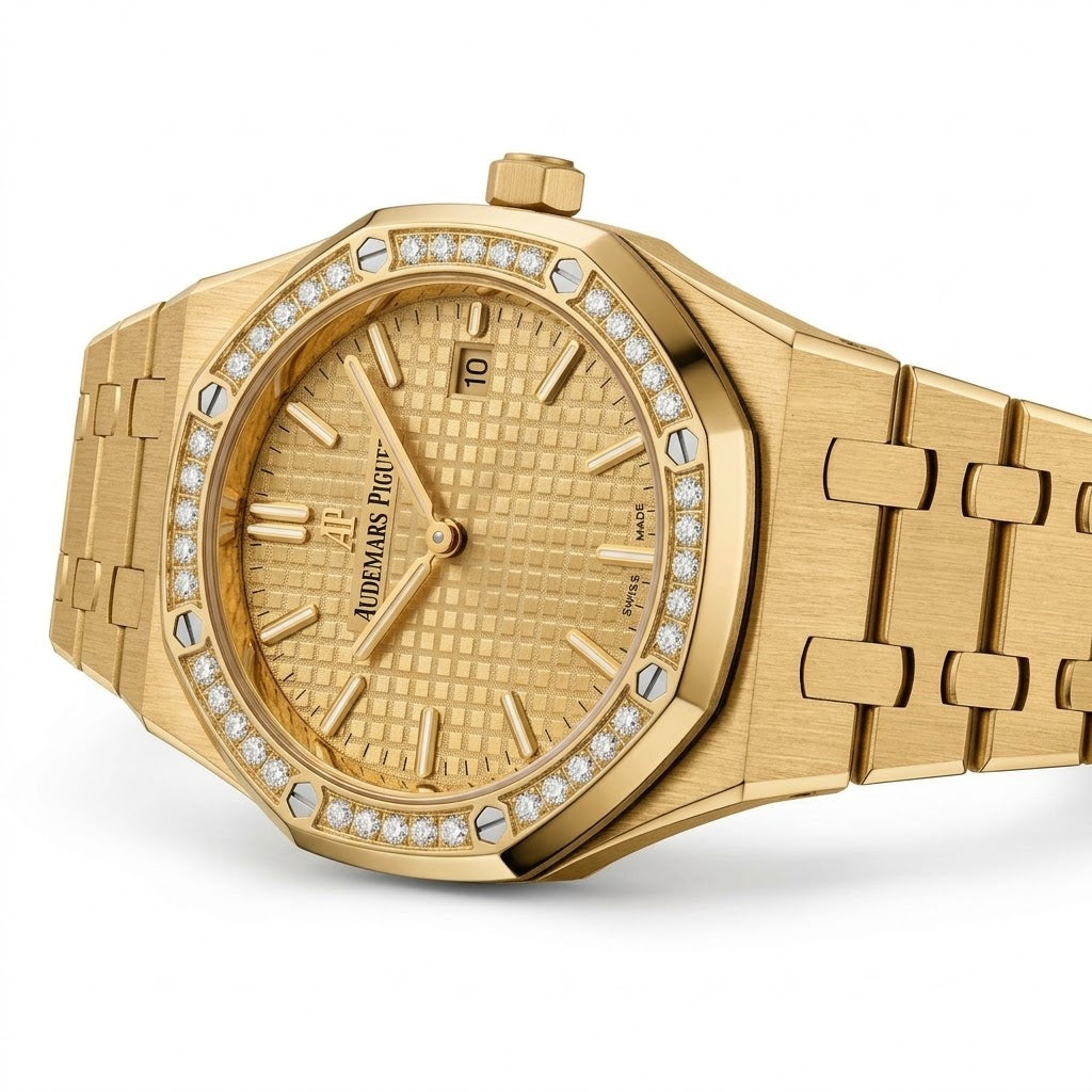 Audemars Piguet Royal Oak women's quartz watch, 33mm case, gold dial, diamond bezel, yellow gold strap – view 5