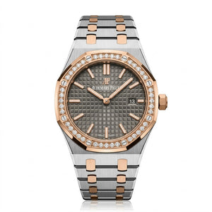 Audemars Piguet Royal Oak women's quartz watch, 33mm case, grey dial, diamond bezel, two-tone rose gold steel strap – view 2