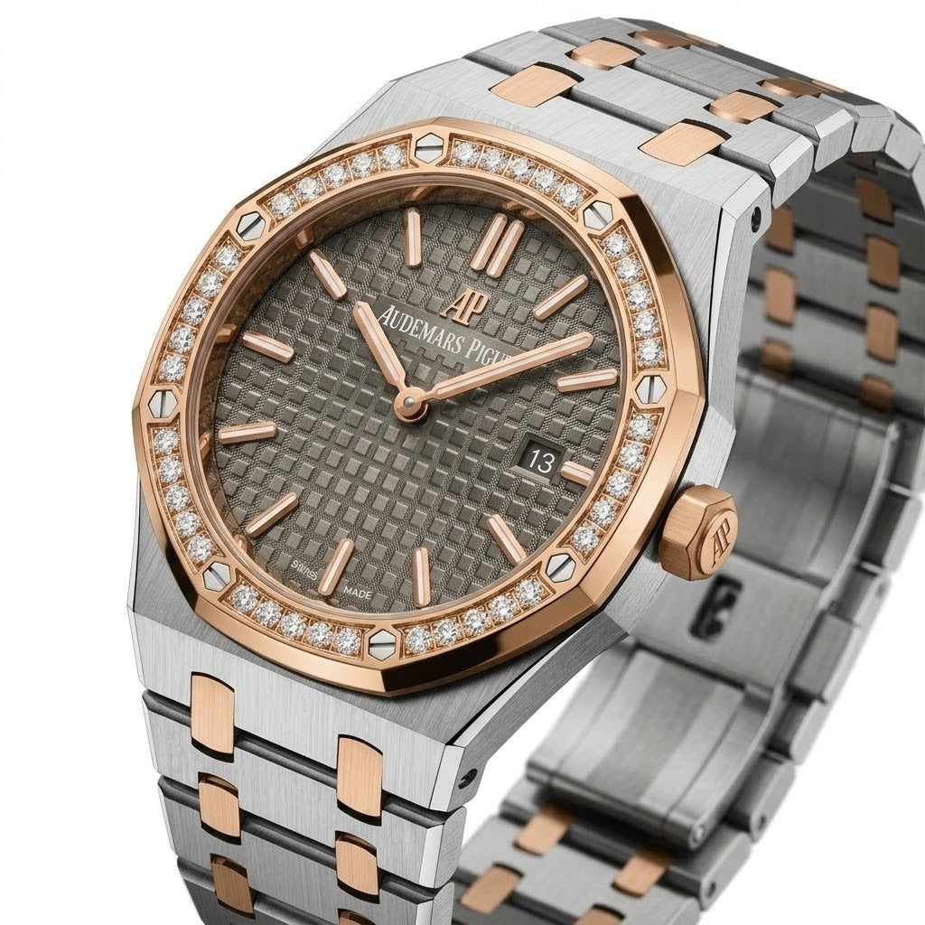 Audemars Piguet Royal Oak women's quartz watch, 33mm case, grey dial, diamond bezel, two-tone rose gold steel strap – view 5