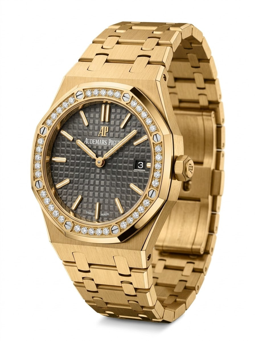 Audemars Piguet Royal Oak women's quartz watch, 33mm case, grey dial, diamond bezel, yellow gold strap – view 2