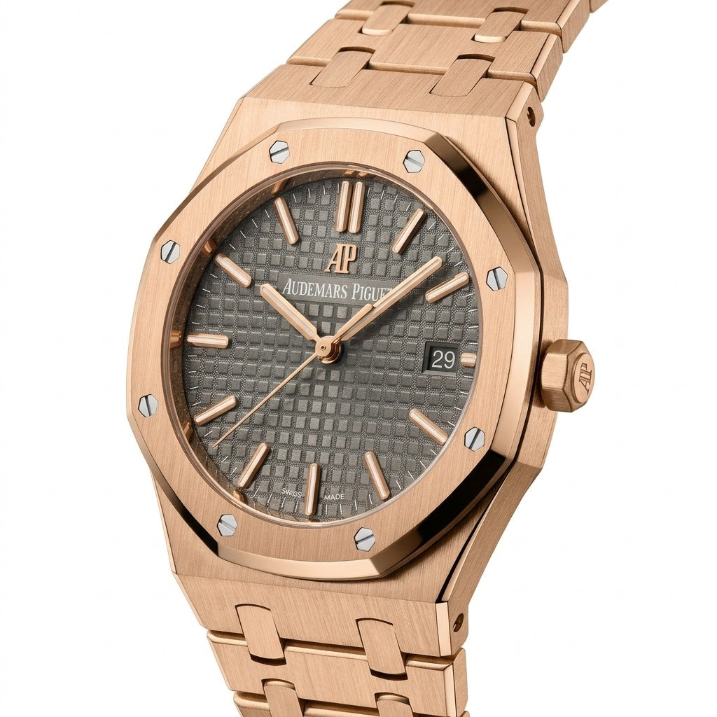 Audemars Piguet Royal Oak women's quartz watch, 33mm case, grey dial, rose gold strap – view 3