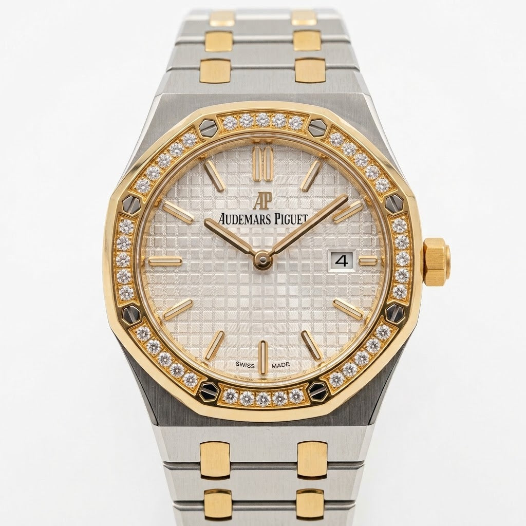 Audemars Piguet Royal Oak 33mm Women's Quartz Watch – Silver Dial, Diamond Bezel & Two-Tone Gold Steel Strap