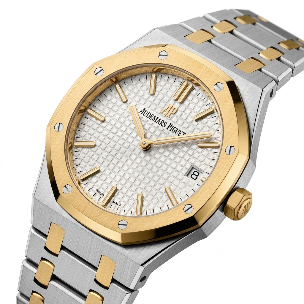 Audemars Piguet Royal Oak women's quartz watch, 33mm case, silver dial, diamond bezel, two-tone gold steel strap – view 4