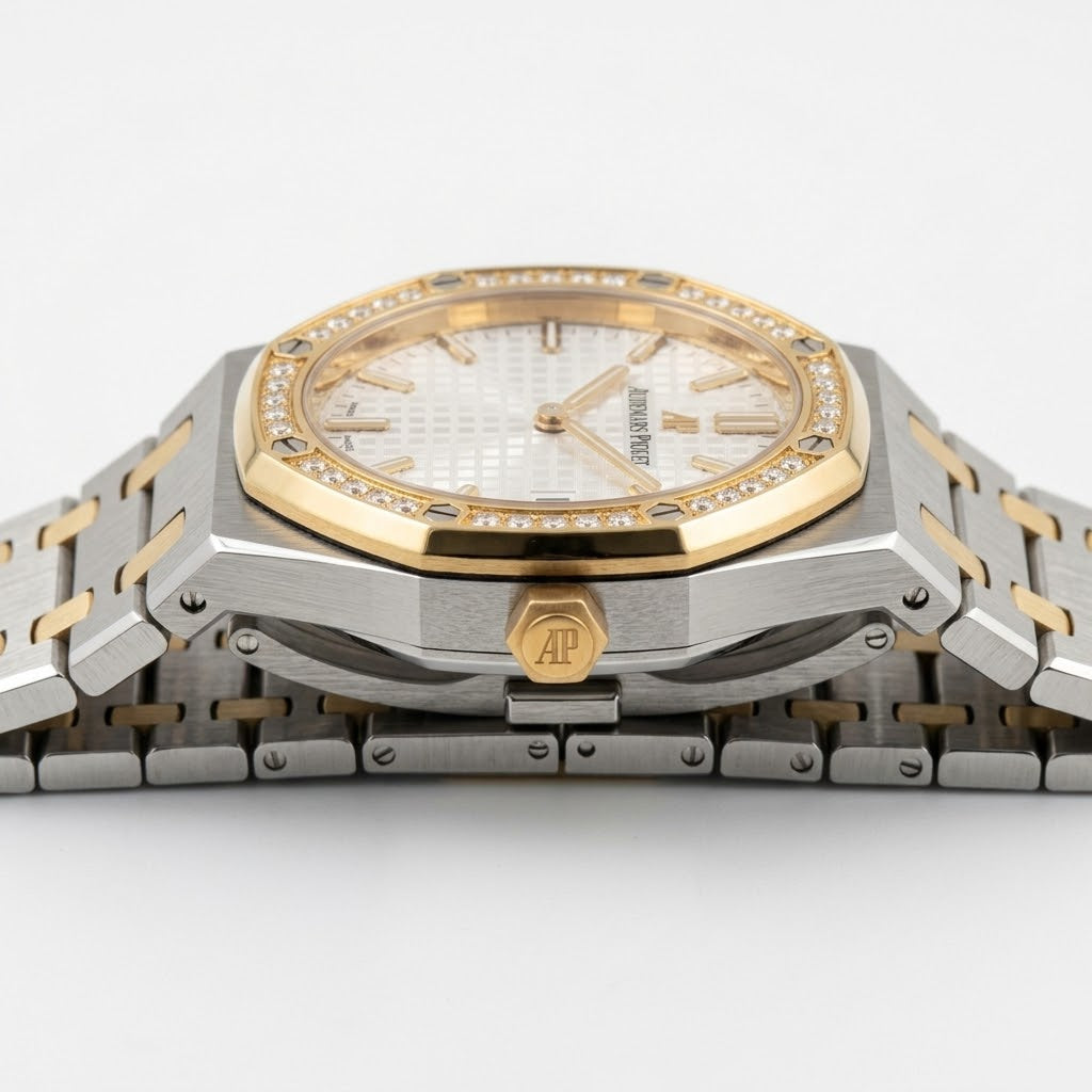 Audemars Piguet Royal Oak women's quartz watch, 33mm case, silver dial, diamond bezel, two-tone gold steel strap – view 6